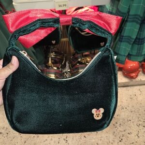 Disney Green Velvet Shoulder Bag with Red Bow